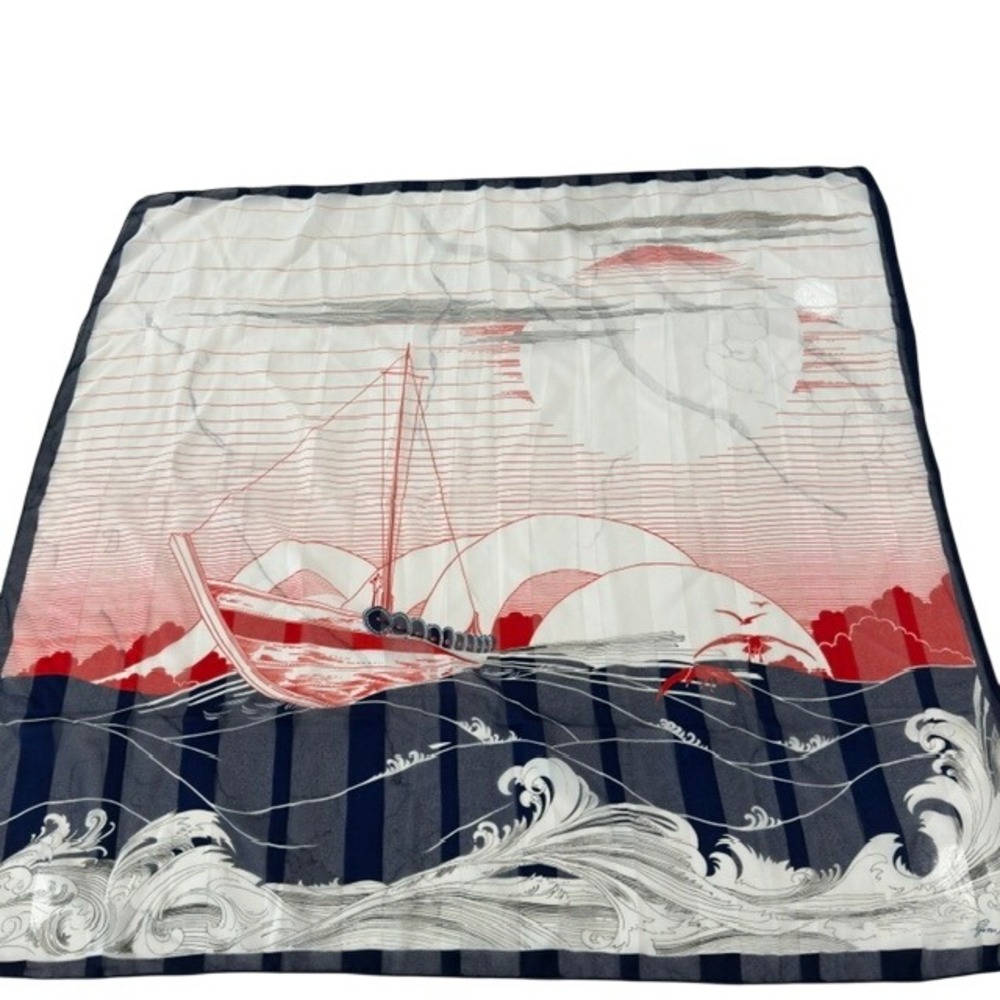 Vintage Gim Renoir Nautical Scarf Navy Red White‎ Sailboat Wave 32"